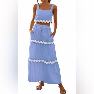 Light Blue and White Women's Maxi Skirt and Crop Top Set